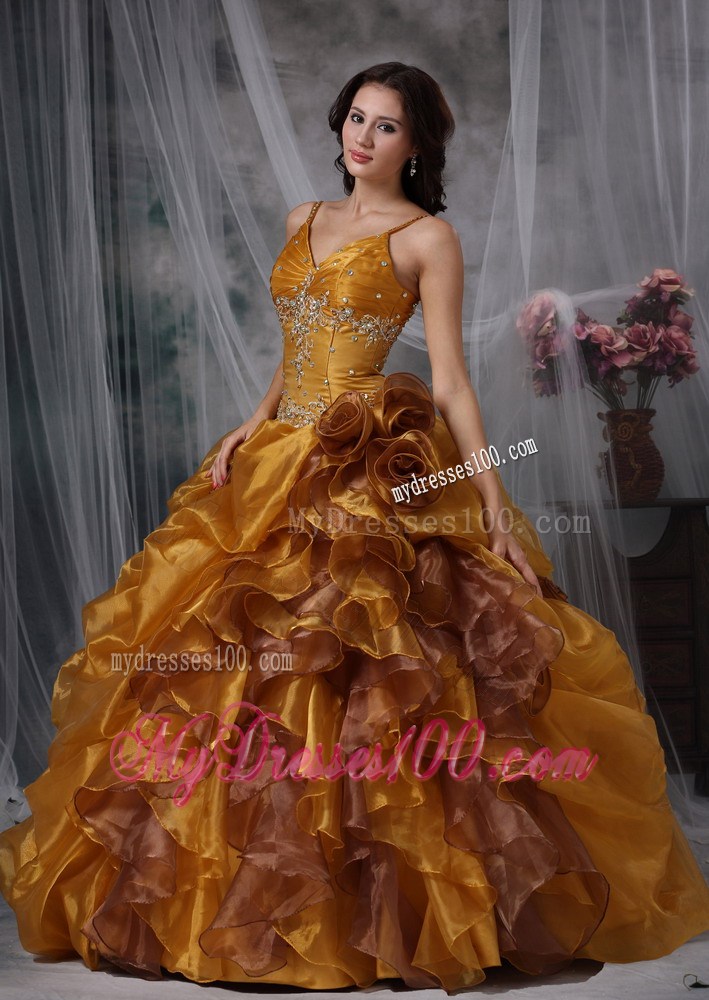 Brown Ball Gown Straps Beading and Appliques Quinceanera Dress Pick-ups